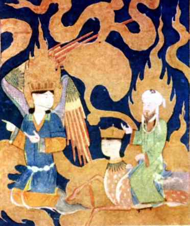 Mahomet, mont sur son cheval magique  al Borak  (curieux animal  tte de femme), arrive au paradis dAllah (miniature du Xve sicle  Bibliothque nationale  Paris)