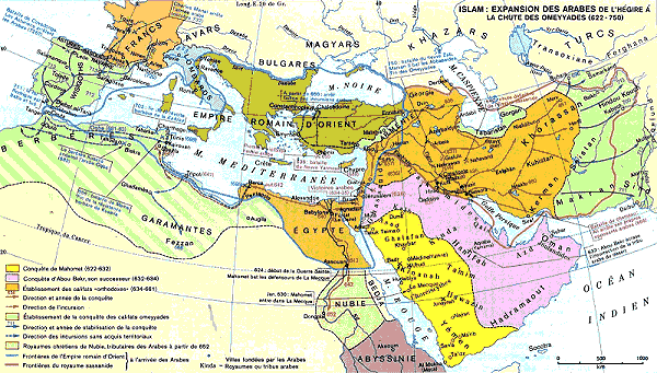 carte de l’expansion arabo-musulmane, de l’hgire jusqu’ la chute des Ommayyades (622  750 de notre re)