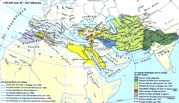 carte de l’expansion de l’islam du XIe  sicle au XIIIe sicle.