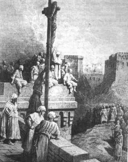 musulmans occups  narguer les Croiss du haut
des murailles d’une ville aprs avoir crucifi un
prisonnier