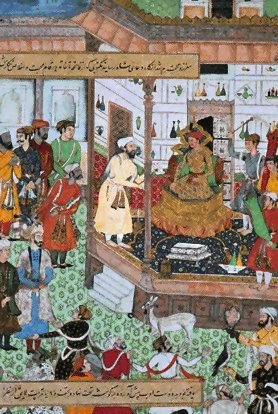 miniature moghole reprsentant l’empereur Akbar. Il
reoit l’ambassadeur du chah d’Iran.