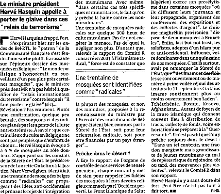 Article Sud Presse, Belgique, 7 janvier 2004, des mosques relais du terrorisme
