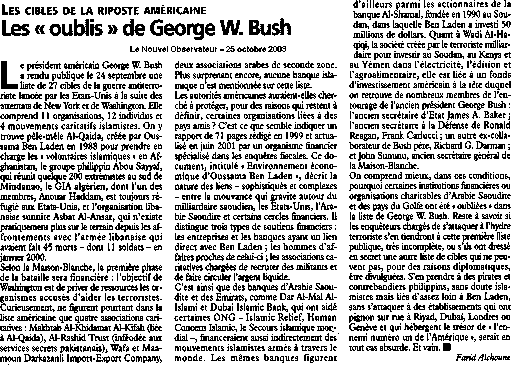 Article
paru dans le  Nouvel Observateur – 25 octobre 2003.