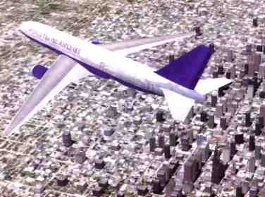 image figurant sur l’emballage du
	logiciel de Microsoft. Un gros porteur Boeing survolant une grande
	ville