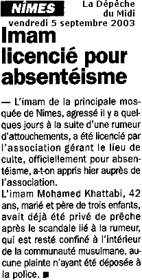 Imam soupconn d'attouchements licenci pour absentisme