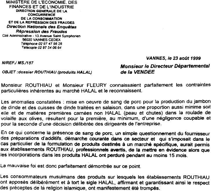 Lettre reproduite par  L’Express  pour illustrer l’article intitul  L’argent de l’islam en France . Le commerce halal n’est qu’une norme escroquerie.