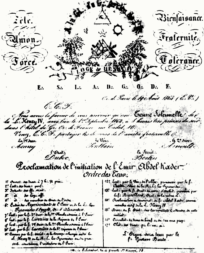 Convocation mise par la Loge  Henri IV 
 l’occasion de la proclamation solennelle de
l’initiation de l’ mir Abd-el-Kader