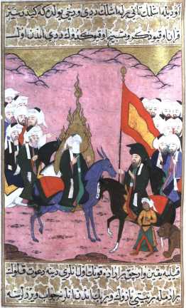 miniature ottomane (turque) de la fin du XVIe siècle (extraite du « Siyer-i Nebi » - 1594) montrant le calife Ali – voilé et nimbé de flammes – prêt à partir en guerre (Bibliothèque de Top Kapi – Istambul)