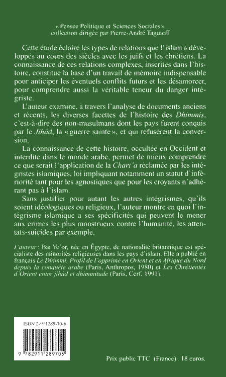 Juifs et Chrtiens sous l'Islam : Face au danger intgriste, verso