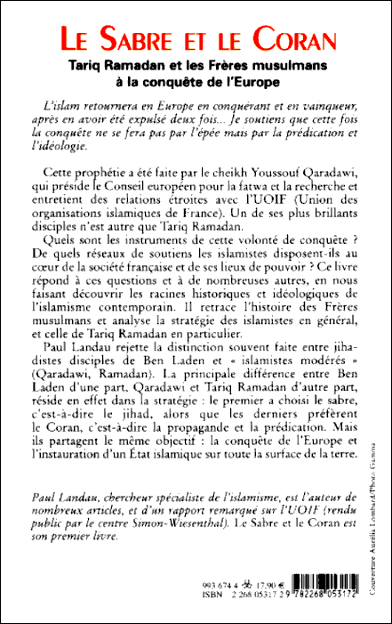 Le Sabre et le Coran. Tariq Ramadan et les Frres musulmans  la conqute de l'Europe, verso